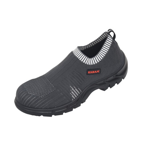Karam Leather Safety Shoe FS201 Flytex Single Density PU Sole Non Woven Fabric  Slip Resistant Tread Pattern Anti Static Size 7no Grey