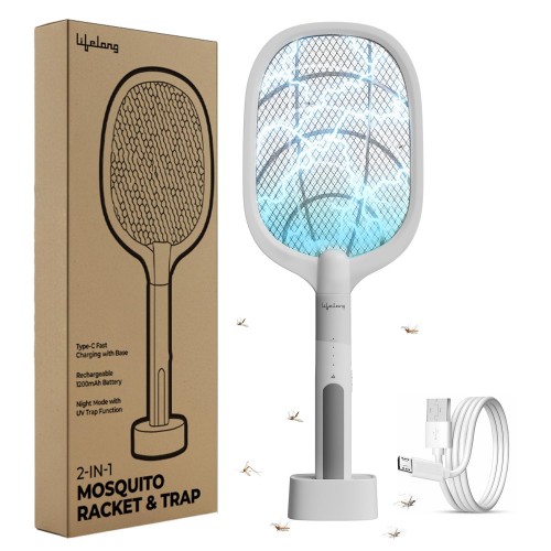 Lifelong 2 in1 Electric Mosquito Racket 2X Quick Charging Fly Swatter With Base Stand C Charging Rechargeable 1200mAh Battery