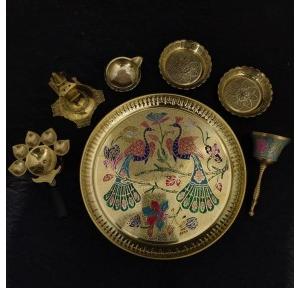 Plate Brass 12 Inch Along With 2 Small Kumkuma Brass Bowl And 1 Small Diya Brass Lamp
