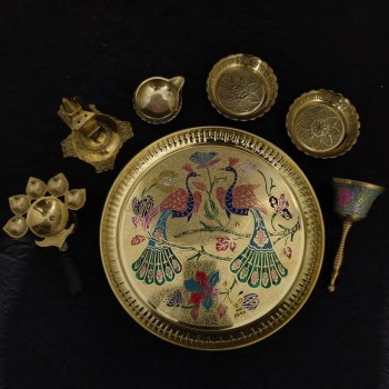 Plate Brass 12 Inch Along With 2 Small Kumkuma Brass Bowl And 1 Small Diya Brass Lamp