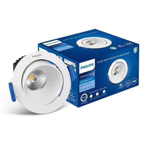 Philips  LED COB Spotlight Aluminium Round 3 Colors in 1 Astra Spot 7W Warm White + Natural White + Cool Day Light Cutout 67mm