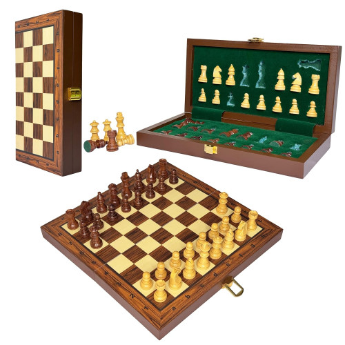 Palm Royal Handicrafts Chess Board Set Wooden Magnetic Portable And Foldable 10x10 inch Brown 32 Chess Pieces And 2 Extra Queens