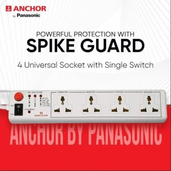 Anchor Spike Guard Extension Box 6A 4 Way Universal Socket Single Switch 1.5 Mtr, 22047
