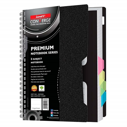 Luxor 70 GSM Single Rule Spiral 5 Subject Notebook, A4 (300 Pages)