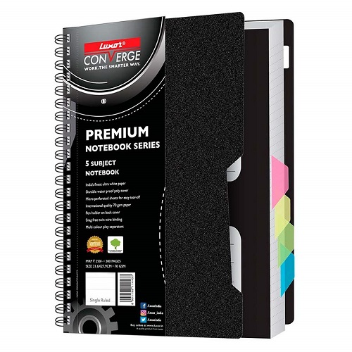 Luxor 70 GSM Single Rule Spiral 5 Subject Notebook, A5 (300 Pages)