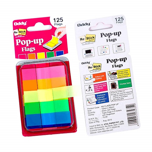 Oddy Re-Stick 5 Colors Pop Up Flags, 12.7x44.3mm, 125 Flags