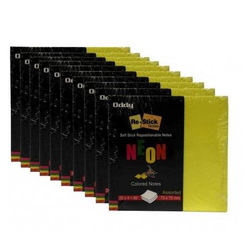 Oddy Re-Stick Paper Notes RSN-Neon Mix 3x3inch 4 Colors Neon in 1 Pad (Pack of 80 Sheets)