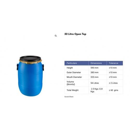 Heavy Duty HDPE Plastic Open Top Drum/Container With Handle Capacity 50 Ltr Blue