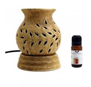 FnP Ethnic Ceramic Electric Aroma Diffuser Round Shape Burner With Bulb (Beige)