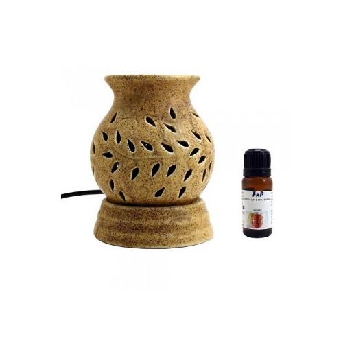 FnP Ethnic Ceramic Electric Aroma Diffuser Round Shape Burner With Bulb (Beige)