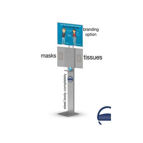 Staietech Floor Stand Automatic Alcohol Disinfection Dispenser with Mask, Tissue & Branding Option Stainless Steel 1000 ml, FLRSMG
