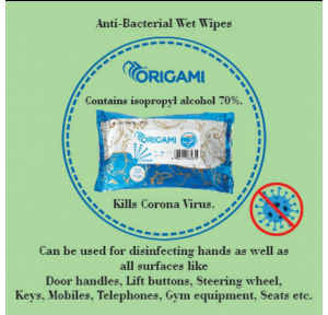 Origami Antibacterial Wet Wipes 20 Sheet With Isopropyl Alcohol 70%, 15x20 cm