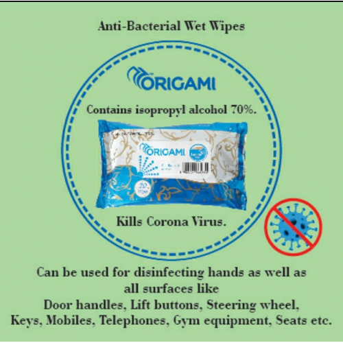 Origami Antibacterial Wet Wipes 20 Sheet With Isopropyl Alcohol 70%, 15x20 cm