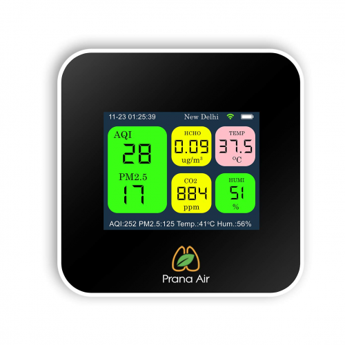 Prana Air CAIR+ Air Quality Monitor Measuring AQI, PM2.5, PM10, CO2, HCHO, TVOC, Temp, Humidity, WiFi + Mobile App Enabled