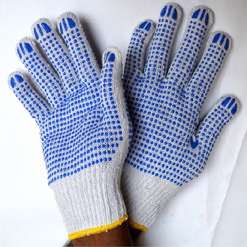 Gripwell GDWB 60 White Knitted With Double Side Blue Dotted Gloves, Length: 9.25 inch