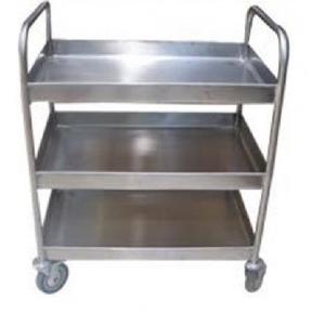 Trolley with Three tray Shelves of SWG 18 SS, 25mm Dia pipe SS 16swg pipes to extend on top as handle at 50 mm clear height from the top shelf. 100 mm dia all Swivel Rubberized Castors with a Load capacity of 70 kgs. Size: 900 x 600 x 900,Tray Ht 50 mm