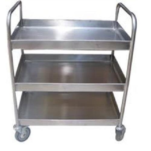 Trolley with Three tray Shelves of SWG 18 SS, 25mm Dia pipe SS 16swg pipes to extend on top as handle at 50 mm clear height from the top shelf. 100 mm dia all Swivel Rubberized Castors with a Load capacity of 70 kgs. Size: 900 x 600 x 900,Tray Ht 50 mm