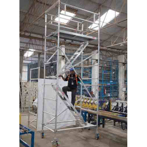 Aluminium Double Width Mobile Scaffolding Tower With Stairway, Model AL-122, Size : 1.4(W) X 2(L) X 5 meter(H)