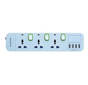 Anchor Smart 10A Spike Guard 3 Socket 3 Switch 3.2A USB With 4 Ports 1.5 Mtr, 22057