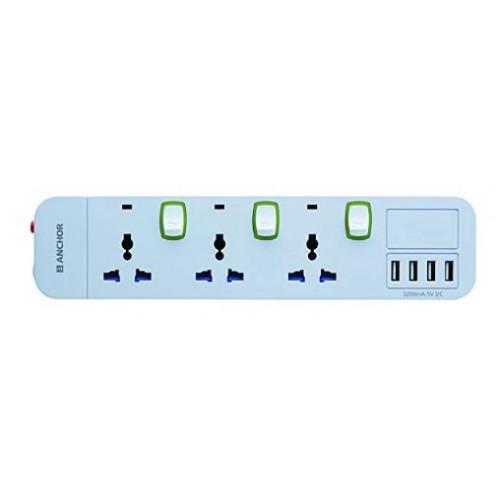 Anchor Smart 10A Spike Guard 3 Socket 3 Switch 3.2A USB With 4 Ports 1.5 Mtr, 22057