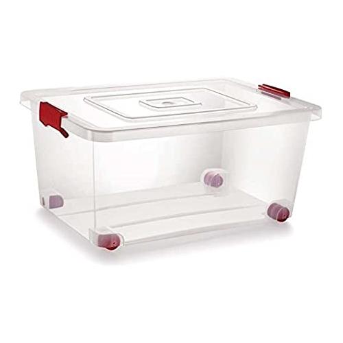 Plastic Container Box With Lack and Wheel (Transparent, 54 L), Size - 60 x 42 x 27 cm Approx