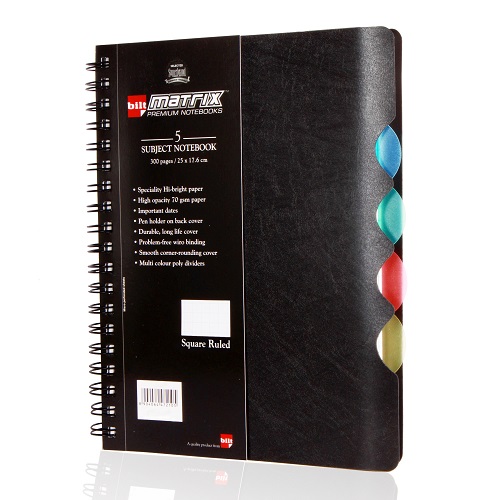 Bilt Matrix B5 Black PP Single Rule 5 Subject Spiral Notebook