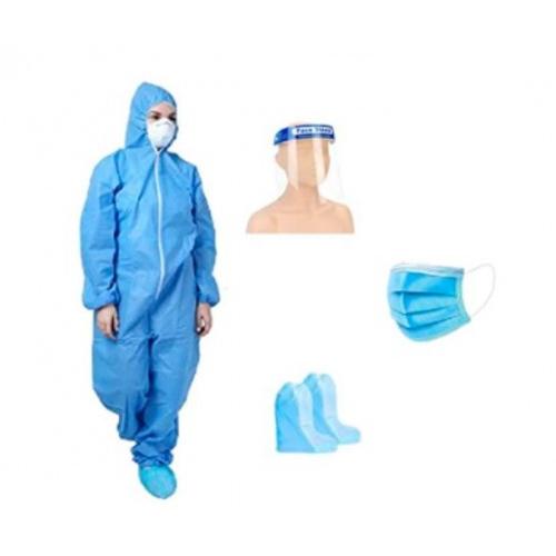 Disposable Gown Full Sleeves With Disposable Head Cover, Shoe Cover 1 Pair, Cover All Suit, Disposable Mask, Disposable Gloves