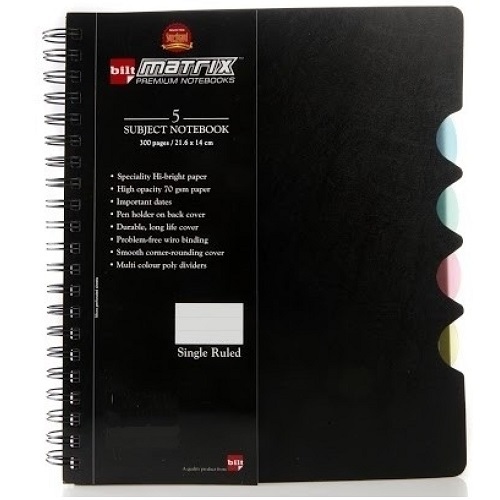 Bilt Matrix A5 70 GSM Single Rule Spiral 5 Subject Notebook, RESA55SK (300 Pages)