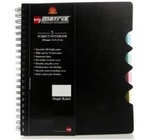 Bilt Matrix A4 Black PP Single Rule 5 Subject Spiral Notebook