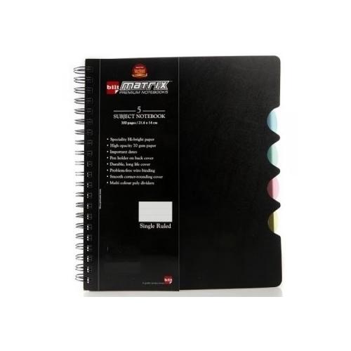 Bilt Matrix A4 Black PP Single Rule 5 Subject Spiral Notebook
