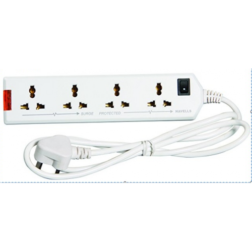 Havells 6A Four-Way Extension Board (White) , Lenght 3 Mtr